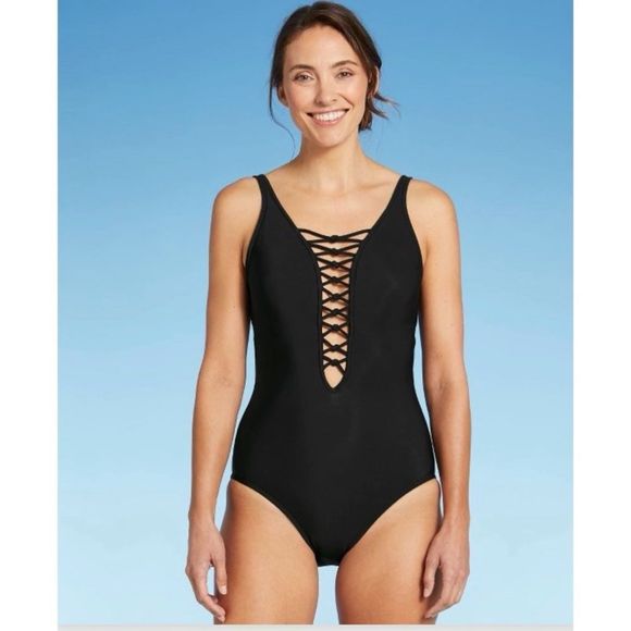 Aqua Green Deep Plunge Black Lace Up One Piece Swimsuit Small New - Picture 1 of 11